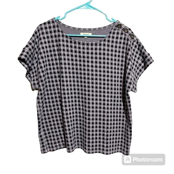 Madewell Tops - Madewell Blue Gingham Seersucker Top L Button Shoulder Short Sleeve Casual